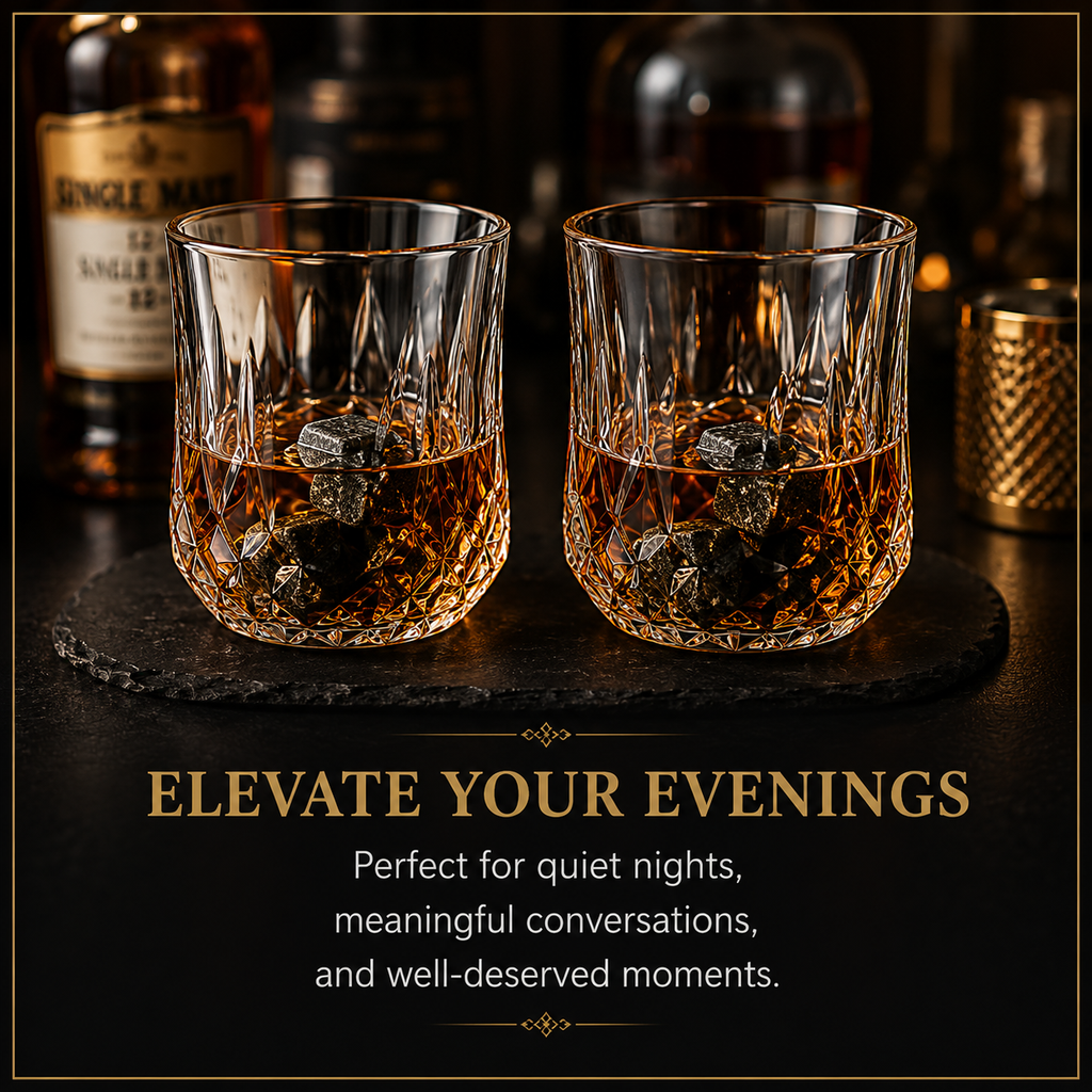 Luxury Whiskey Stones Gift Set — Crystal Glasses & Granite Chilling Stones