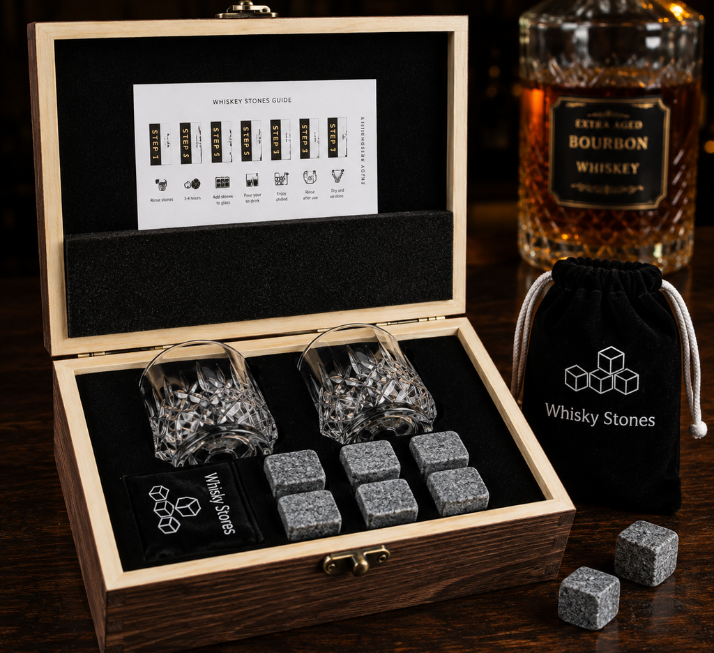 Luxury Whiskey Stones Gift Set — Crystal Glasses & Granite Chilling Stones