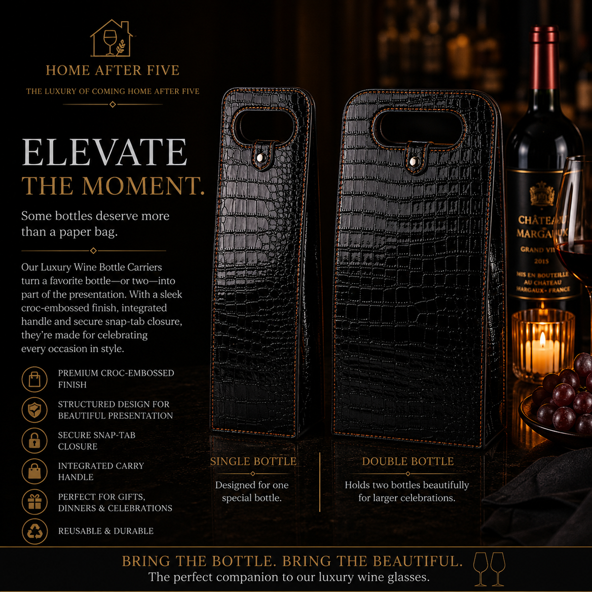 Luxury Wine Bottle Carrier — Croc-Embossed Leather Tote
