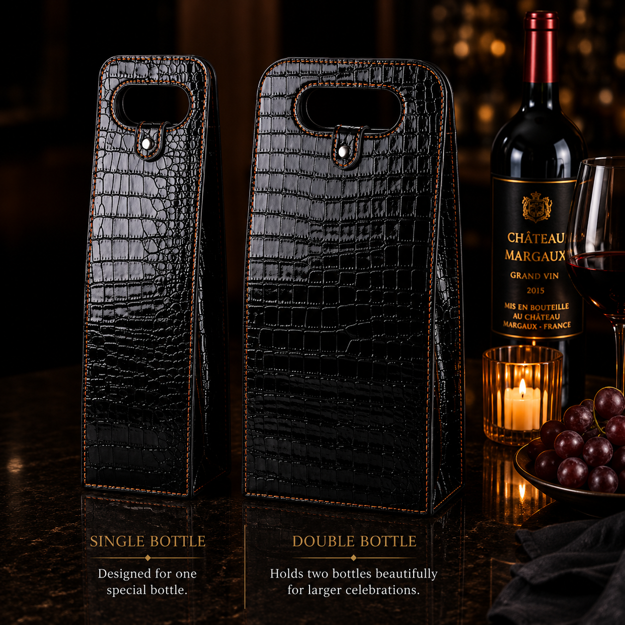 Luxury Wine Bottle Carrier — Croc-Embossed Leather Tote
