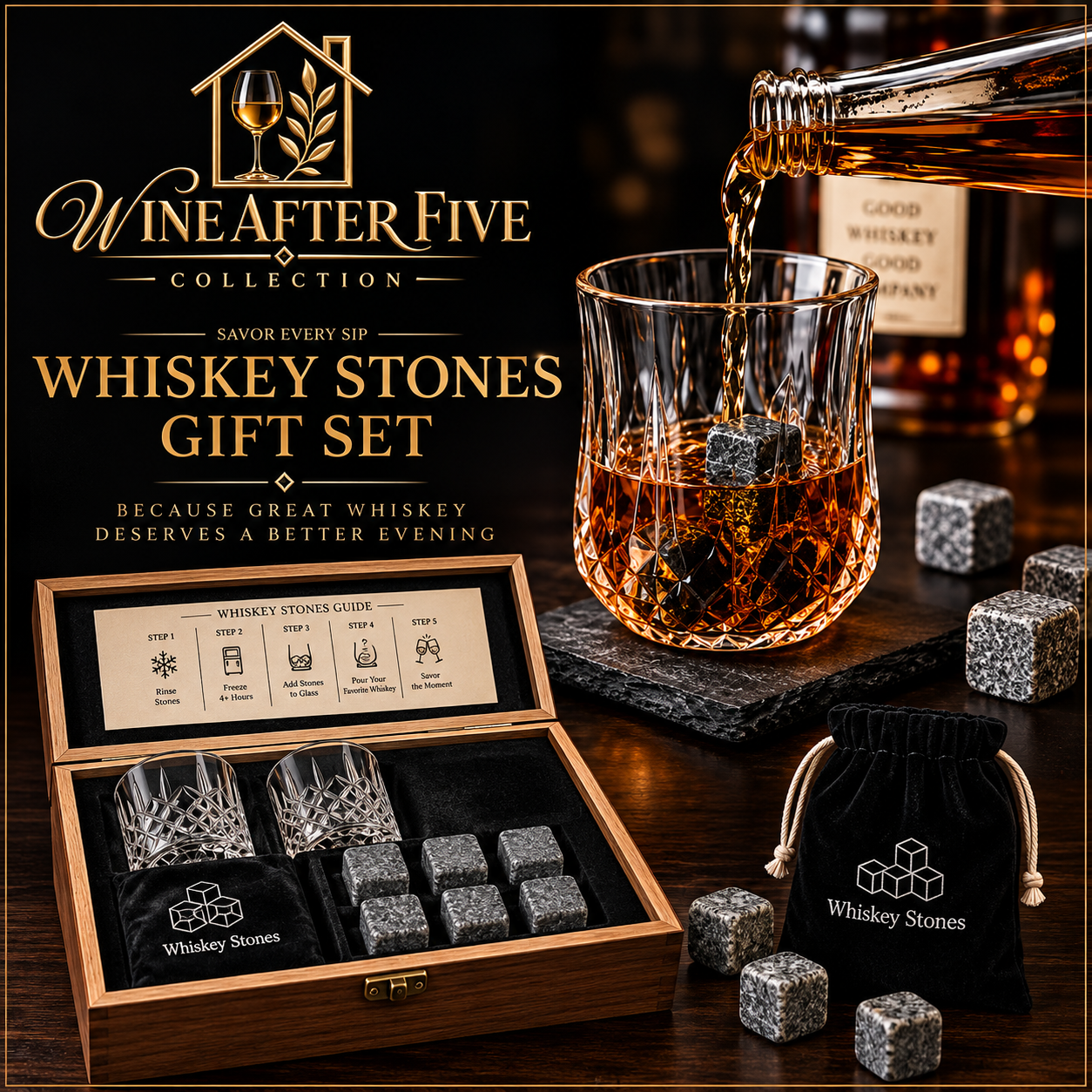 Luxury Whiskey Stones Gift Set — Crystal Glasses & Granite Chilling Stones