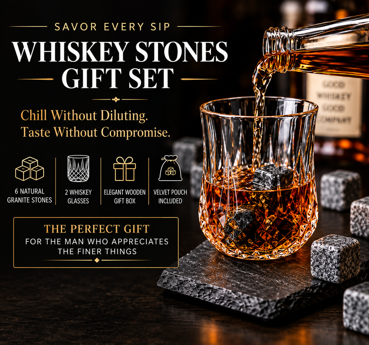 Luxury Whiskey Stones Gift Set — Crystal Glasses & Granite Chilling Stones