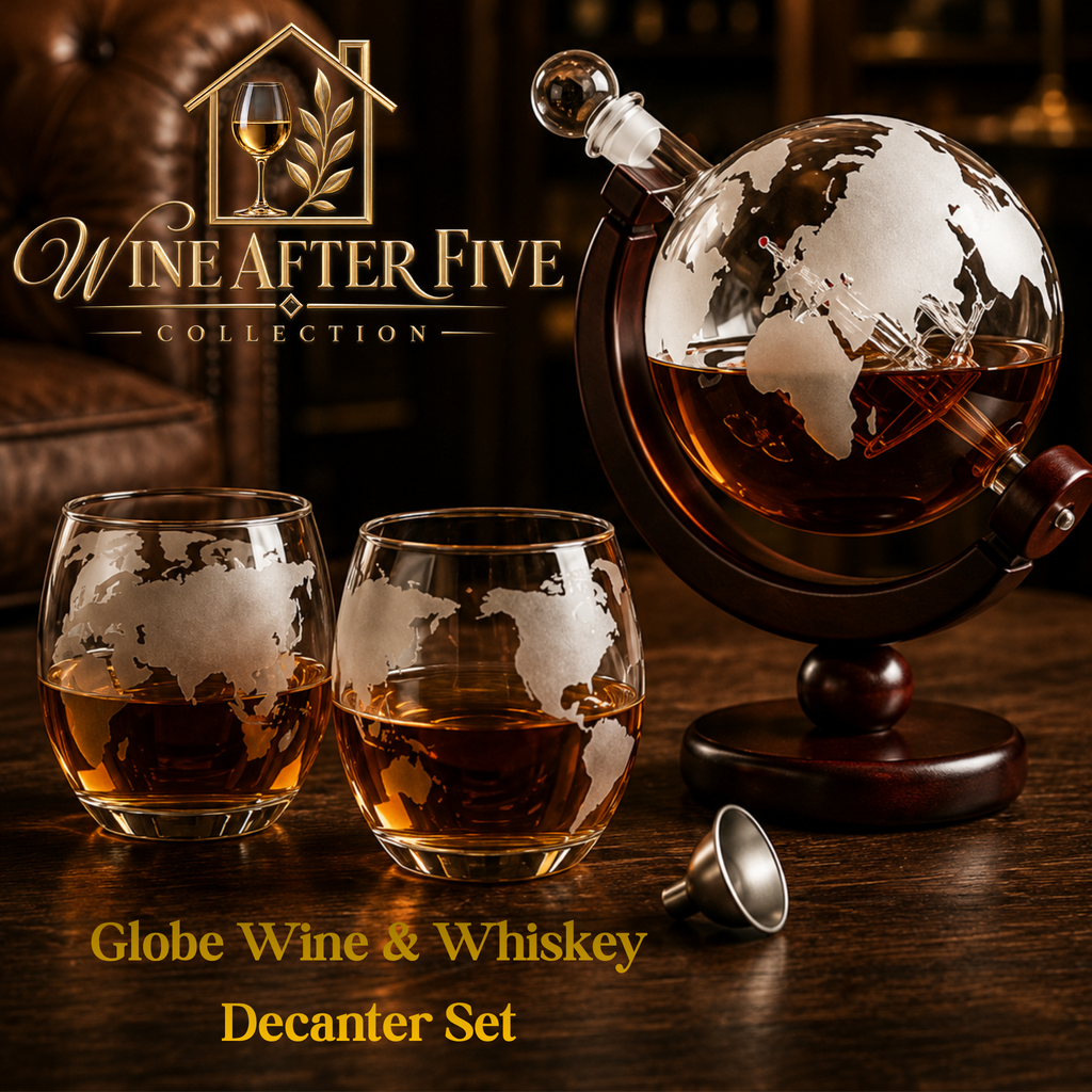 Globe Wine & Whiskey Decanter Set | Lead-Free Borosilicate Glass with Wood Stand
