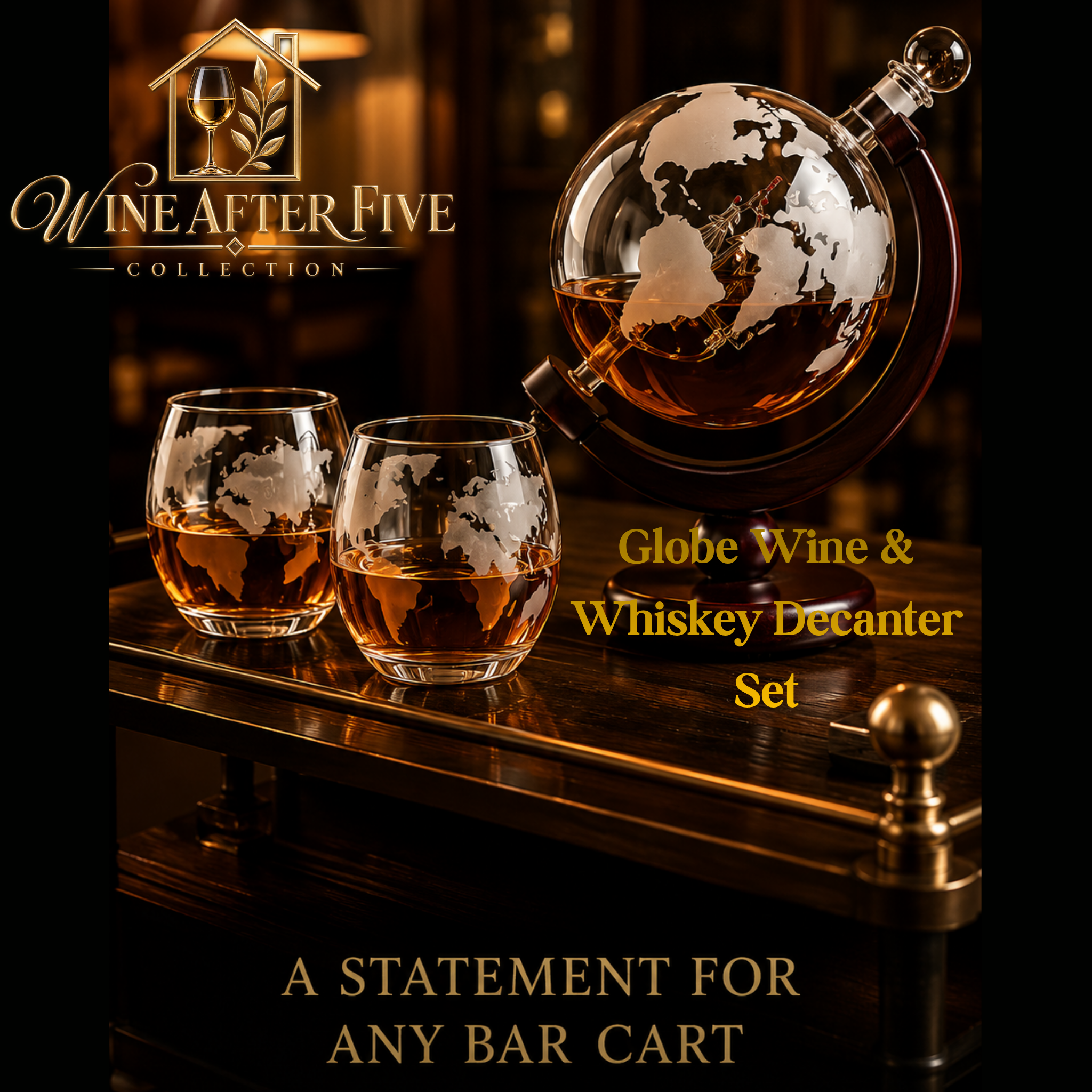 Globe Wine & Whiskey Decanter Set | Lead-Free Borosilicate Glass with Wood Stand