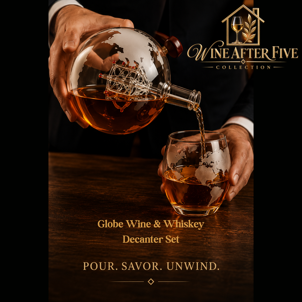 Globe Wine & Whiskey Decanter Set | Lead-Free Borosilicate Glass with Wood Stand