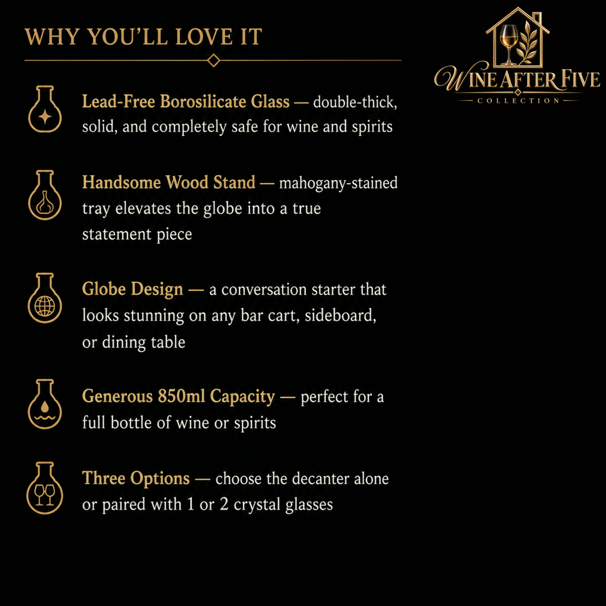 Globe Wine & Whiskey Decanter Set | Lead-Free Borosilicate Glass with Wood Stand