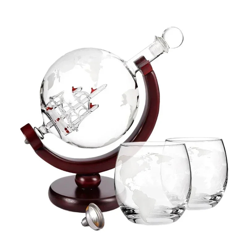 Globe Wine & Whiskey Decanter Set | Lead-Free Borosilicate Glass with Wood Stand