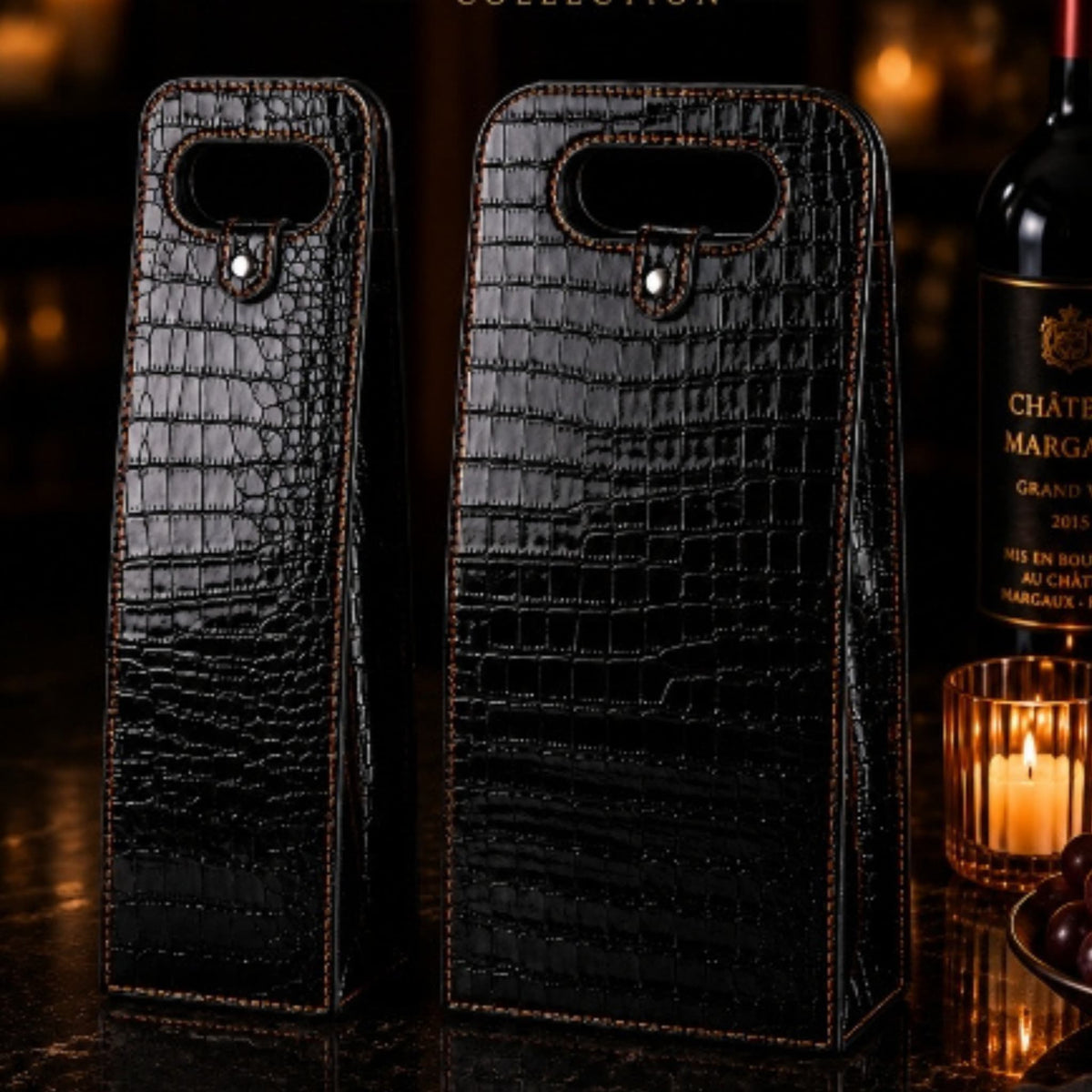 Luxury Wine Bottle Carrier — Croc-Embossed Leather Tote