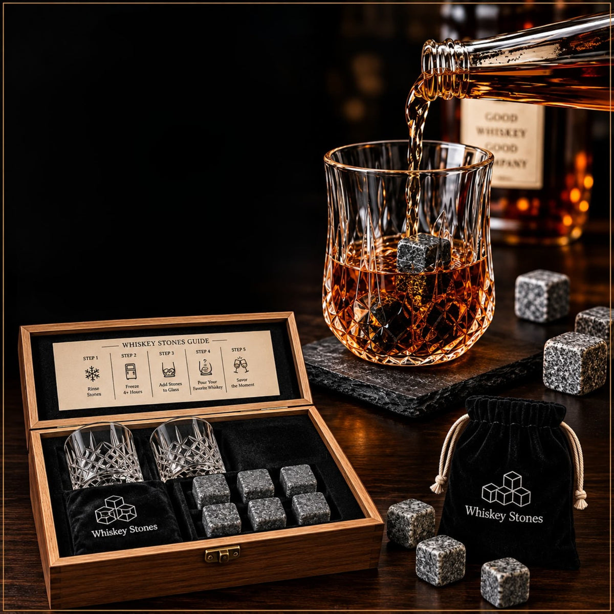 Luxury Whiskey Stones Gift Set — Crystal Glasses & Granite Chilling Stones