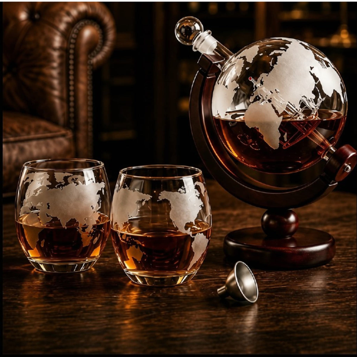 Globe Wine & Whiskey Decanter Set | Lead-Free Borosilicate Glass with Wood Stand
