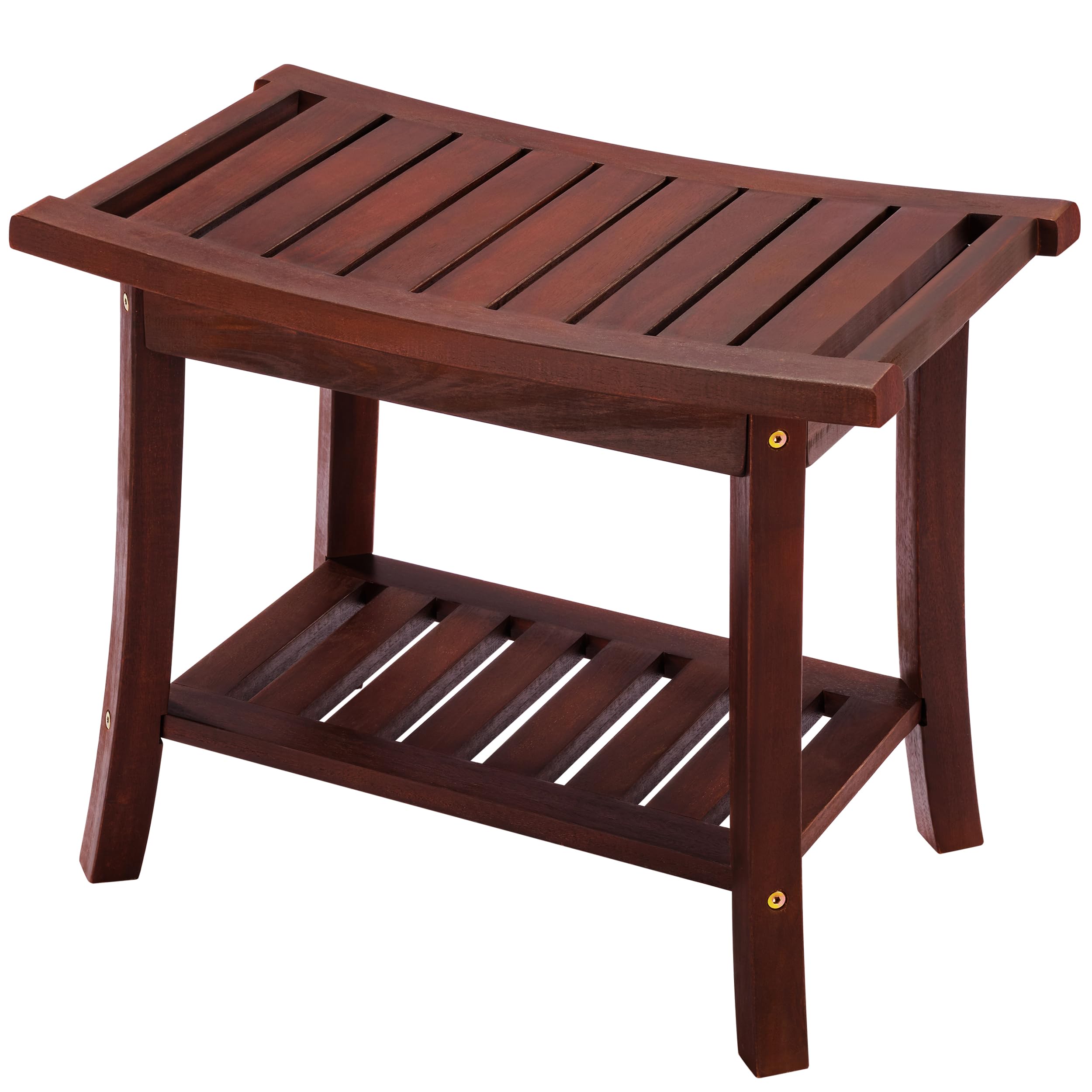 PrimeZone 18" Acacia Wood Shower Bench with Storage Shelf - Waterproof Shower Stool Chair for Indoor Outdoor 2 Tier Spa Bath Bathroom Shower Seat for Adults Elderly Seniors Brown